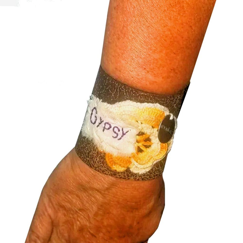 Cottagecore Gypsy Soul Embroidered Wide Studded Recycled Leather Bracelet Cuff